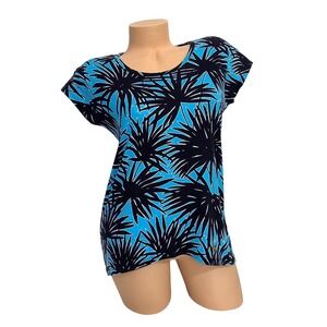 Michael Kors Women's SMALL Black & Turquoise‎ Palm T-shirt Short Sleeves Top